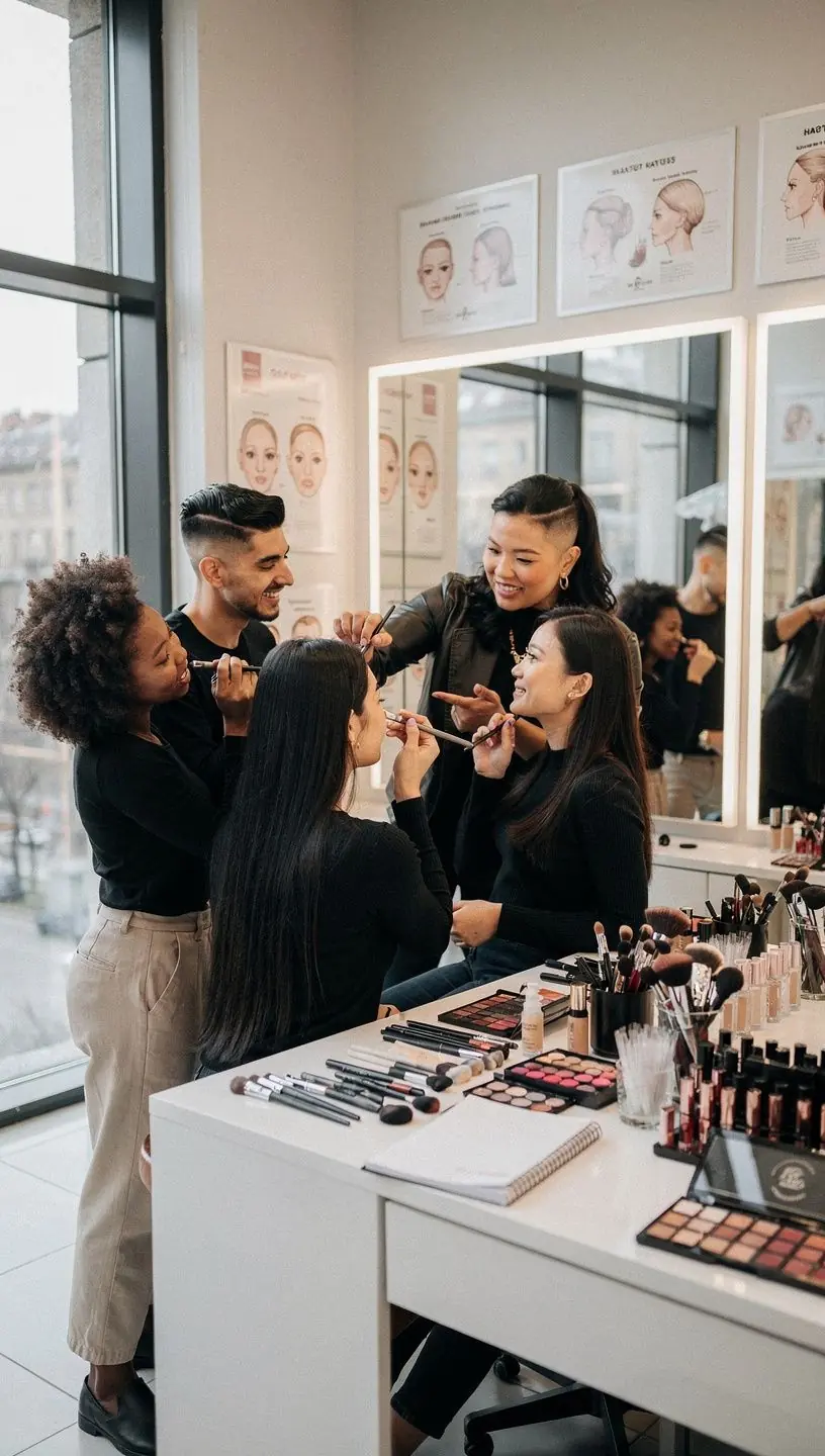 Profesjonalne szkolenie praktyczne w akademii urody z uczestnikami uczącymi się technik kosmetycznych.