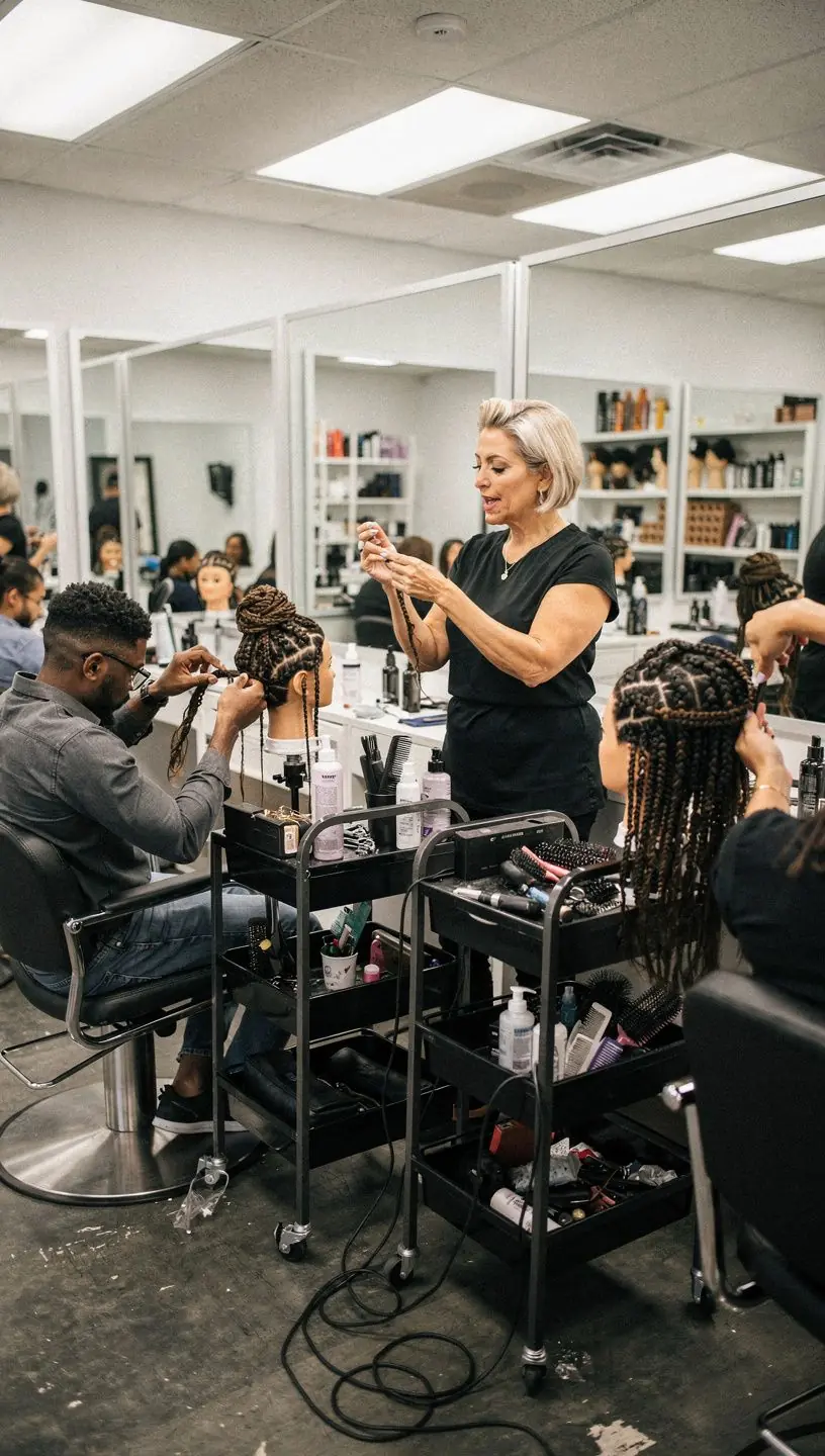 Instruktor prowadzący zajęcia offline dla grupy studentów w nowoczesnej sali szkoleniowej akademii urody.