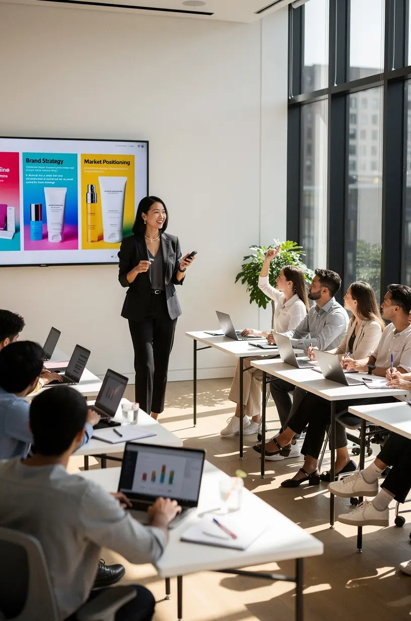 Zajęcia praktyczne z makijażu w akademii biznesu kosmetycznego z naciskiem na rozwój umiejętności.